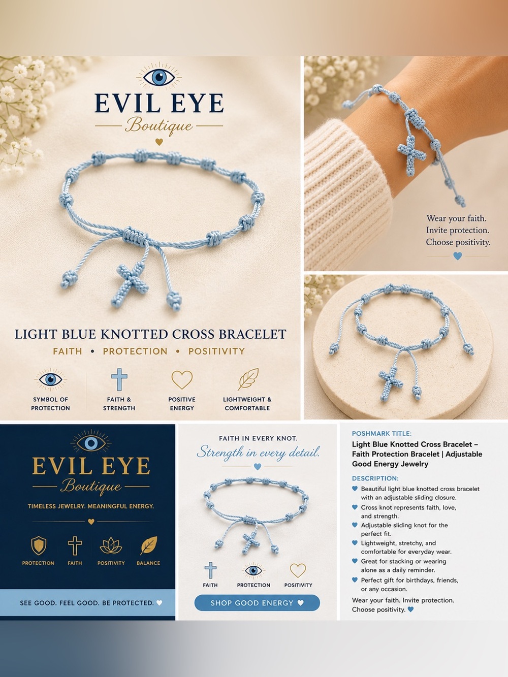 ✝️Evil Eye Boutique Light Blue Knotted Cross Bracelet